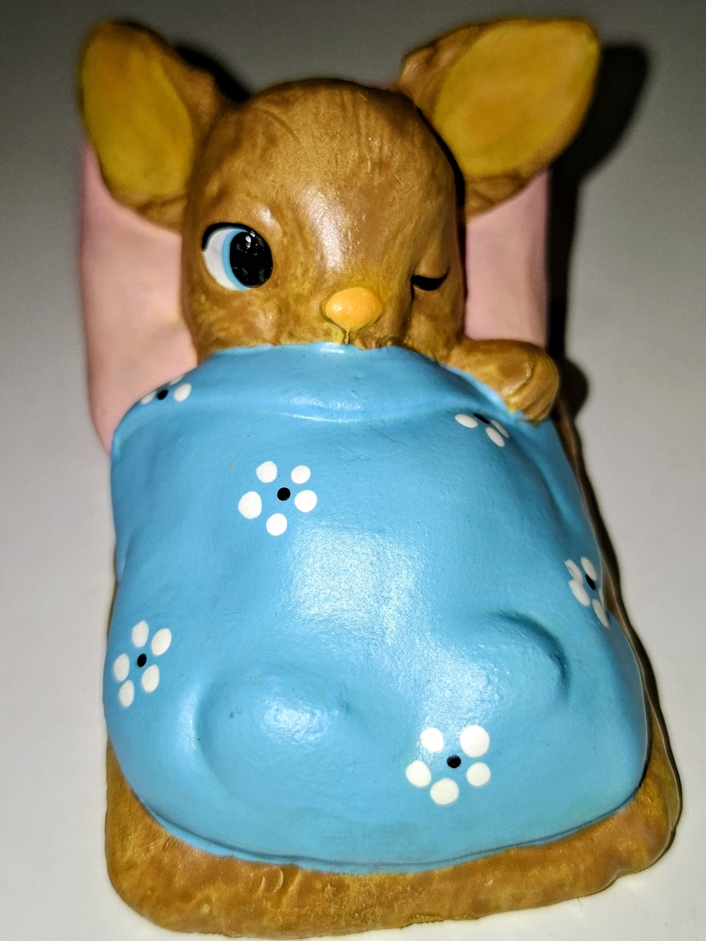 1950's  Bunny  Figurine Under Blue Floral Blanket